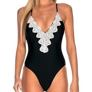Relleciga One Piece Swimsuit Womens L Black Lace Plunge Neck Thong NWT $119‎